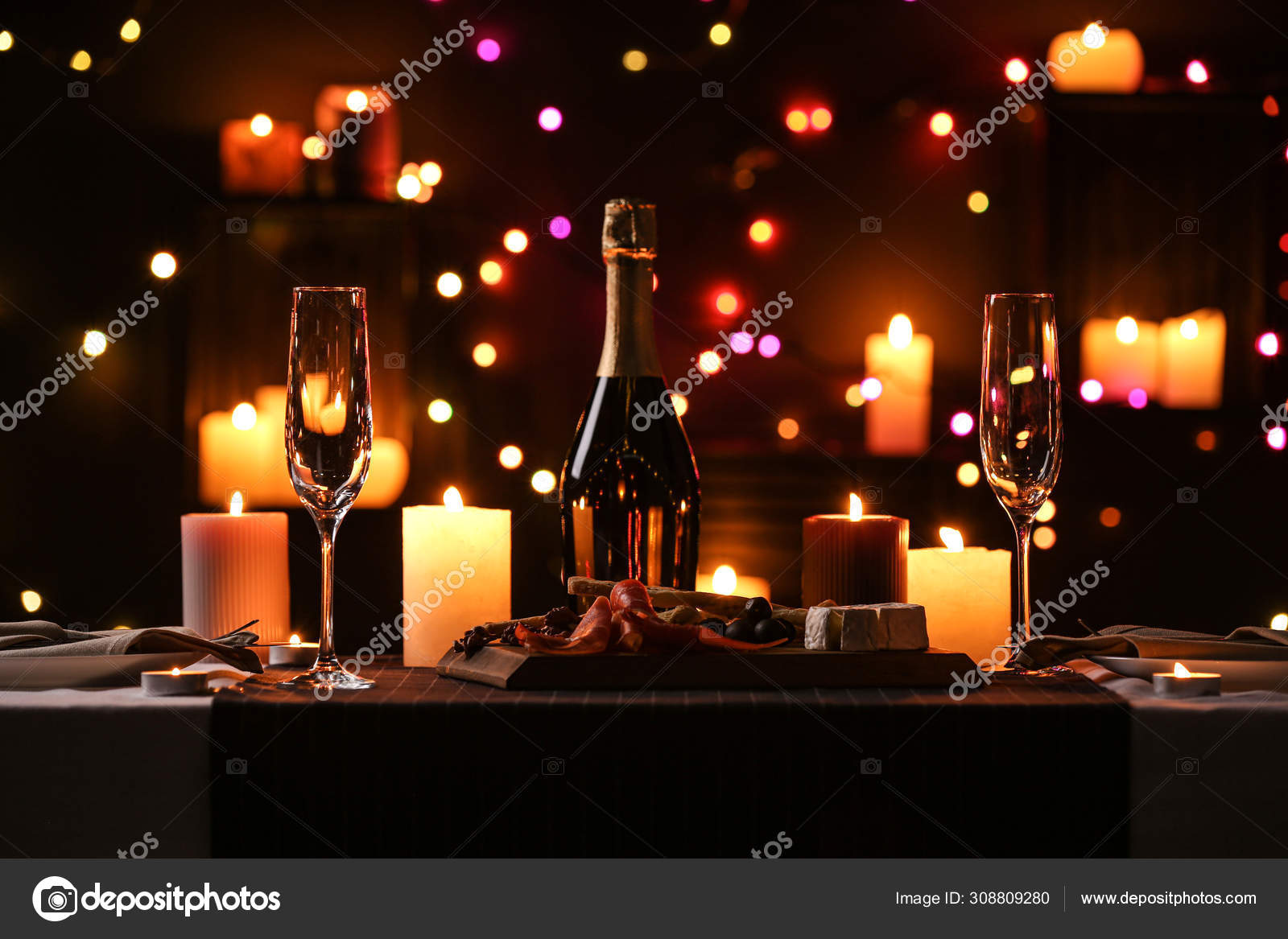 Romantic Dinner Table Setting With Burning Candles And Festive Lights Royalty Free Photo Stock Image By C Newafrica 308809280