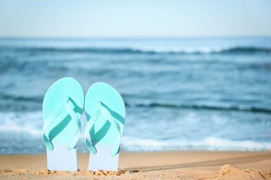 Denize yakın kumlu şık Flip flop, metin alanı. Plaj aksesuarları