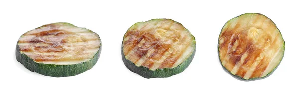 Set van heerlijke gegrilde courgette plakjes op witte achtergrond — Stockfoto