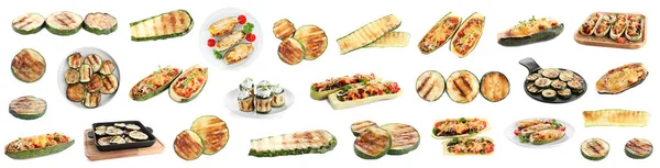 Set of delicious grilled and stuffed zucchinis on white background — Stock Photo, Image