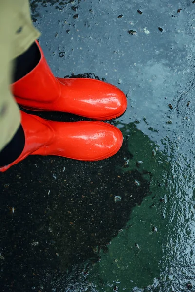 Женщина в красных резиновых сапогах в дождливый день, над видом — стоковое фото