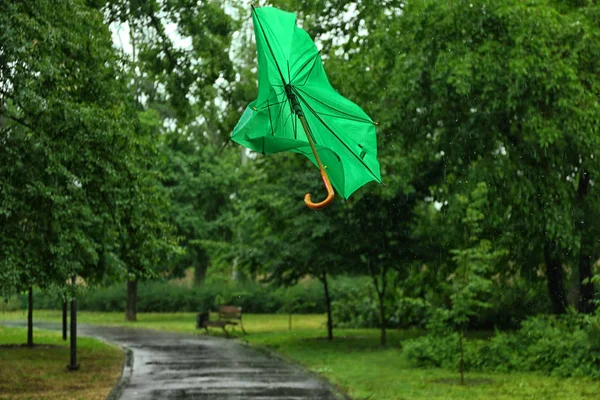 Σπασμένη πράσινη ομπρέλα στο πάρκο τη βροχερή μέρα — Φωτογραφία Αρχείου