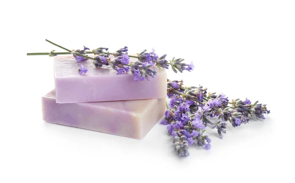 Hand made soap bars with lavender flowers on white background — Stock Photo, Image