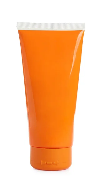 Πορτοκαλί σωλήνας με κρέμα σώματος αντηλιακή προστασία σε λευκό φόντο. Καλλυντικό προϊόν — Φωτογραφία Αρχείου