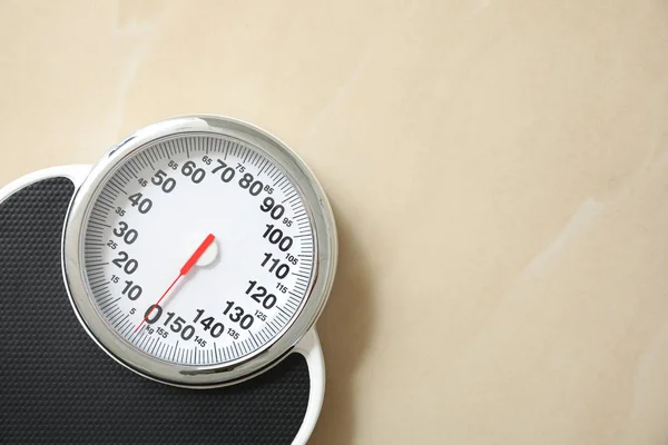 Top view of scales on floor, space for text. Overweight problem — Stock Photo, Image