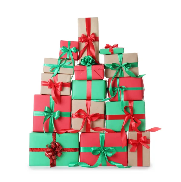 Many different Christmas gift boxes isolated on white — Stock Photo, Image