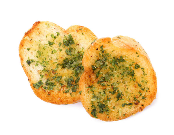 Slices of toasted bread with garlic, cheese and herbs on white background, top view