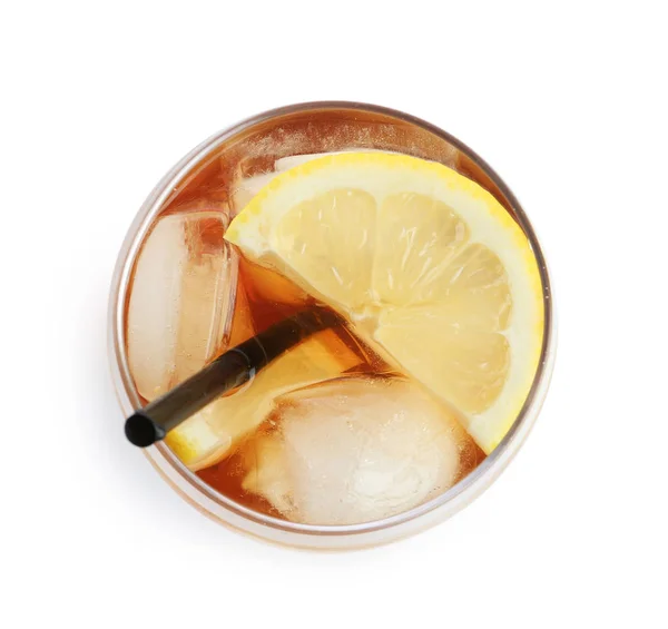 Glass of refreshing iced tea with lemon slices on white background, top view — Stock Photo, Image