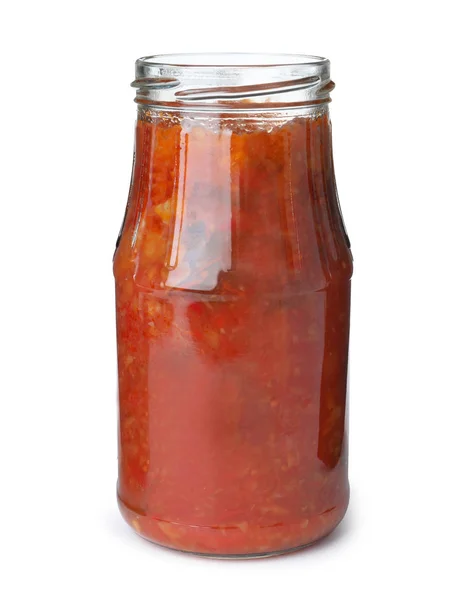 Glass jar with pickled red sauce isolated on white — Stock Photo, Image