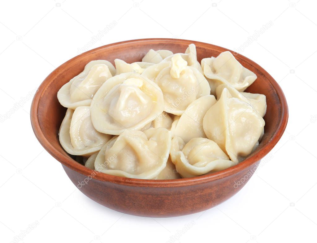Tasty dumplings in bowl isolated on white