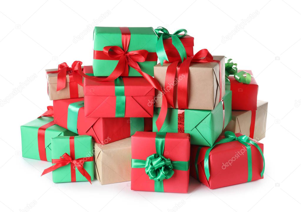 Different Christmas gift boxes on white background