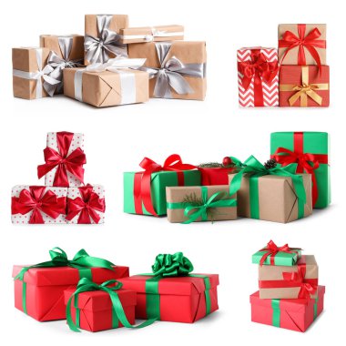 Beyaz arka planda farklı güzel Noel hediyeleri seti