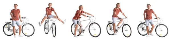 Коллаж красивого молодого человека с велосипедом на белом фоне — стоковое фото