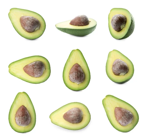 Set van verse rijpe avocado's op witte achtergrond — Stockfoto