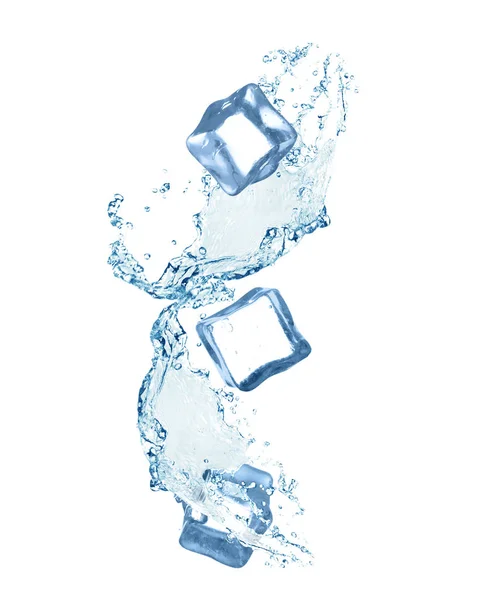 Cubos de hielo cristalinos y agua salpicada sobre fondo blanco — Foto de Stock