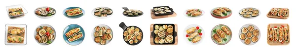 Set of delicious grilled and stuffed zucchinis on white background — Stock Photo, Image