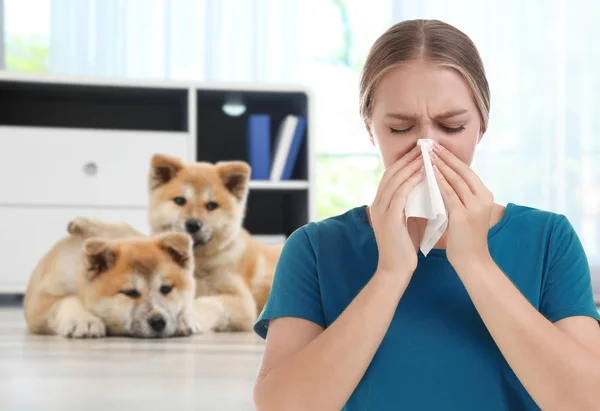 Mujer joven que sufre de alergia a los perros en casa — Foto de Stock