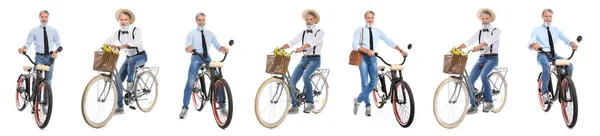 Colagem de homem maduro com diferentes bicicletas no fundo branco — Fotografia de Stock