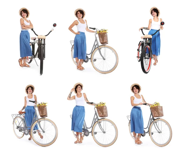 Kolaż pięknej młodej kobiety z różnymi rowerami na białym tle — Zdjęcie stockowe