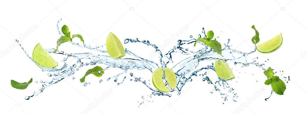 Juicy lime, mint and splashing water on white background