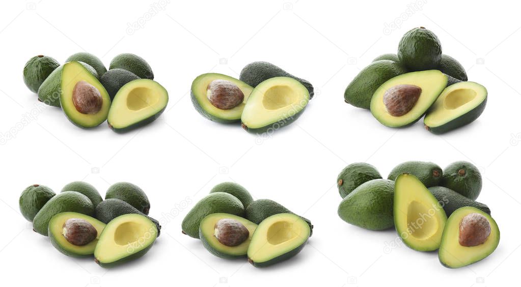 Set of fresh ripe avocados on white background