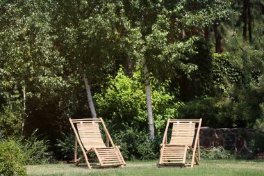 Güneşli günde güzel bahçede Ahşap şezlonglar