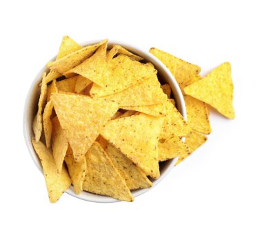 Beyaz arka plan üzerinde lezzetli Meksika nachos cips ile Bowl, üst görünümü