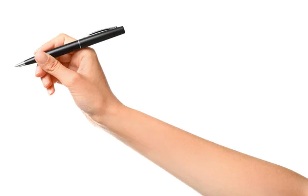 Giovane donna che tiene la penna su sfondo bianco, primo piano — Foto Stock