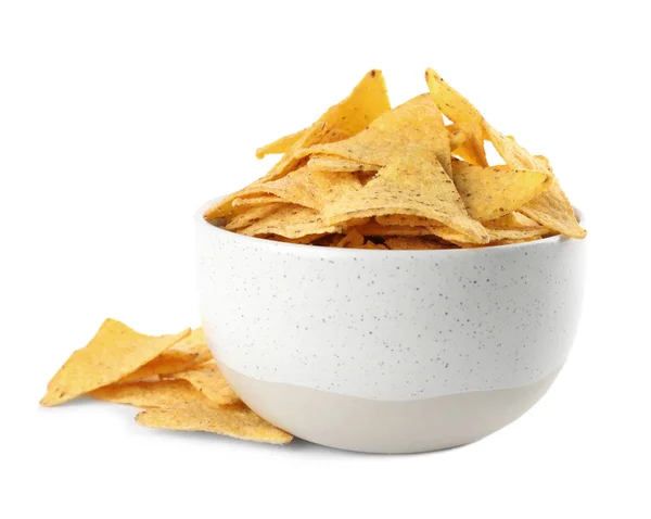 Bowl with tasty Mexican nachos chips on white background — Stock Photo, Image