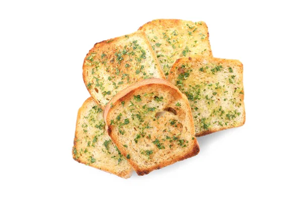 Fette di pane con aglio ed erbe su sfondo bianco, vista dall'alto — Foto Stock