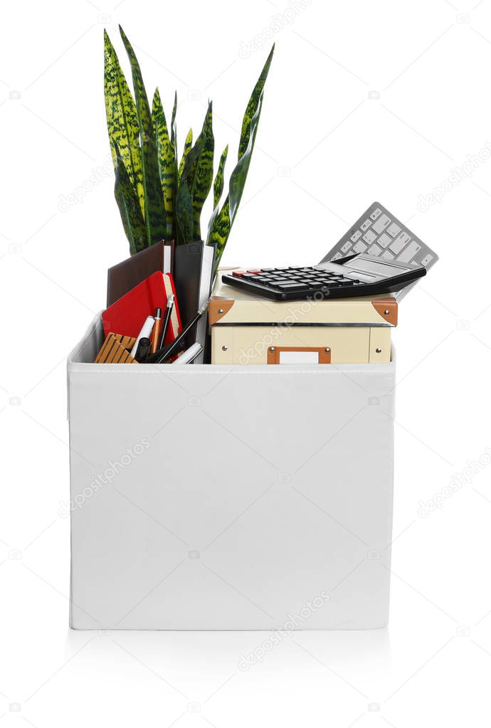 Moving box with stuff isolated on white. Work promotion concept