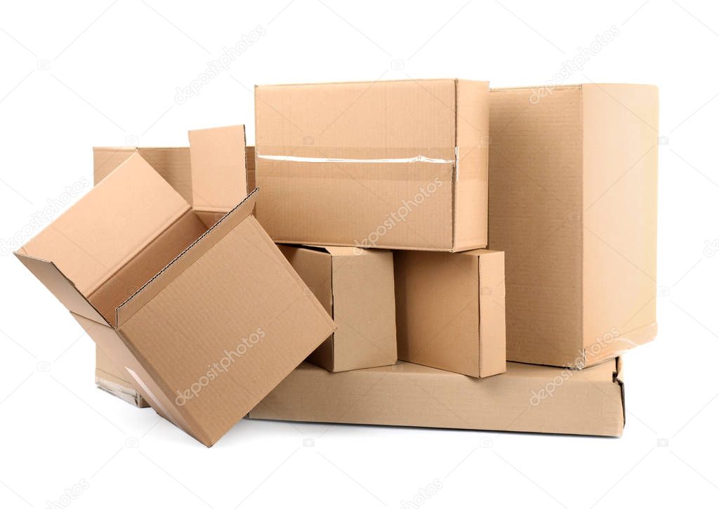 Pile of cardboard boxes on white background