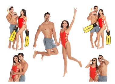 Beyaz arka planda erkek arkadaşı ile bikini güzel genç kadın kolaj. Güzel çift 