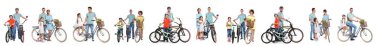 Beyaz arka planda bisikletli insanların kolajı