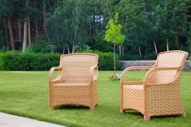 Arka bahçesinde yeşil çim bahçe rattan koltuklar