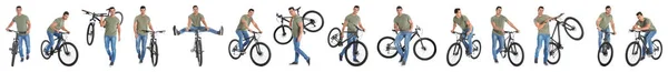 Collage di bel giovanotto con bicicletta su sfondo bianco. Design banner — Foto Stock