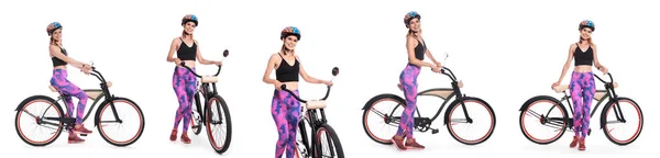 Collage di bella donna con bicicletta su sfondo bianco — Foto Stock