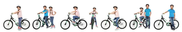 Коллаж милых маленьких детей с велосипедами на белом фоне — стоковое фото