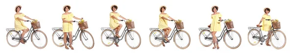 Colagem de bela jovem com bicicleta diferente no fundo branco — Fotografia de Stock