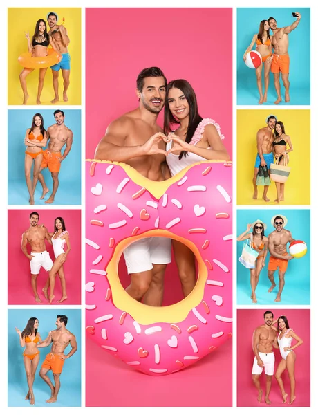 Collage de hermosa mujer joven en bikini con su novio en fondos de color. Hermosa pareja. — Foto de Stock