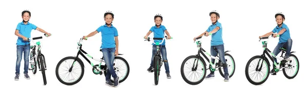 Collage av söt liten pojke med cykel på vit bakgrund — Stockfoto