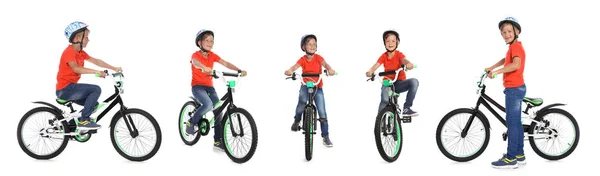 Коллаж милый мальчик с велосипедом на белом фоне — стоковое фото