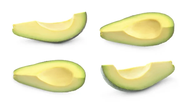 Set di avocado freschi maturi tagliati su sfondo bianco — Foto Stock