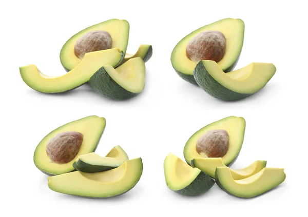 Set van gesneden verse rijpe avocado's op witte achtergrond — Stockfoto