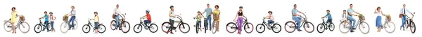 Colagem de pessoas com bicicletas no fundo branco — Fotografia de Stock