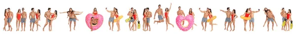 Collage di bella giovane donna in bikini con il suo ragazzo su sfondo bianco. Bella coppia — Foto Stock