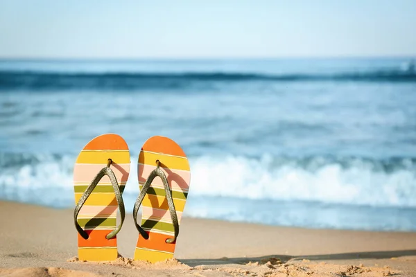 Infradito alla moda sulla sabbia vicino al mare, spazio per il testo. Accessori da spiaggia — Foto Stock