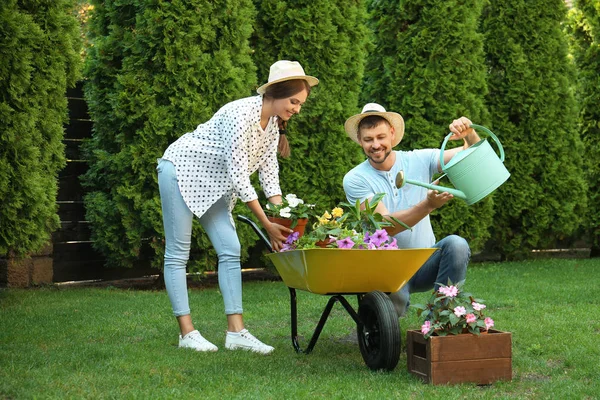 緑の庭で一緒に働く幸せなカップル — ストック写真