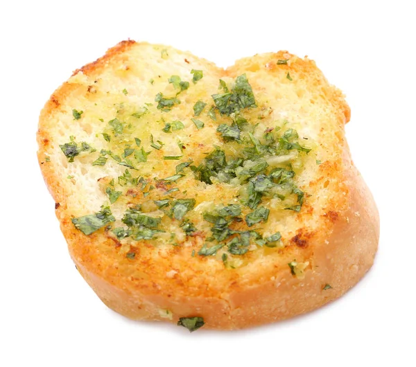 Scheibe Brot mit Knoblauch, Käse und Kräutern auf weißem Hintergrund — Stockfoto