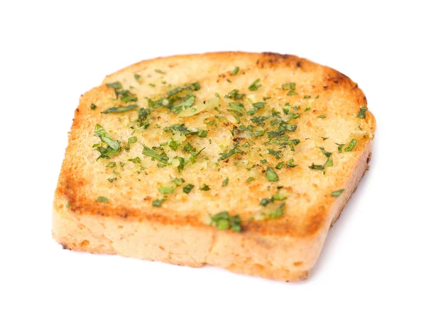 Scheibe Brot mit Knoblauch und Kräutern auf weißem Hintergrund — Stockfoto